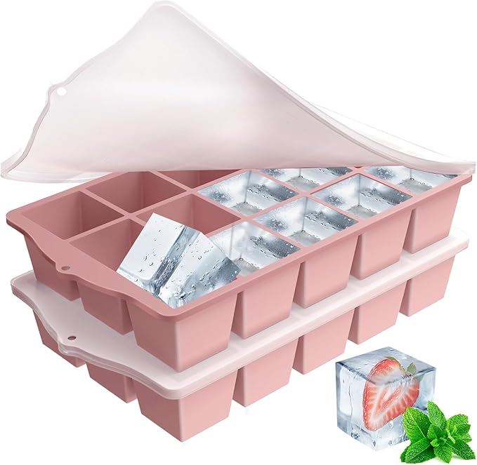 FANYITY Silicone Ice Cube Trays 2-Pack with Locks lids,Easy Release Ice Molds for Freezer,Perfect for Cocktails, Whiskey, Coffee