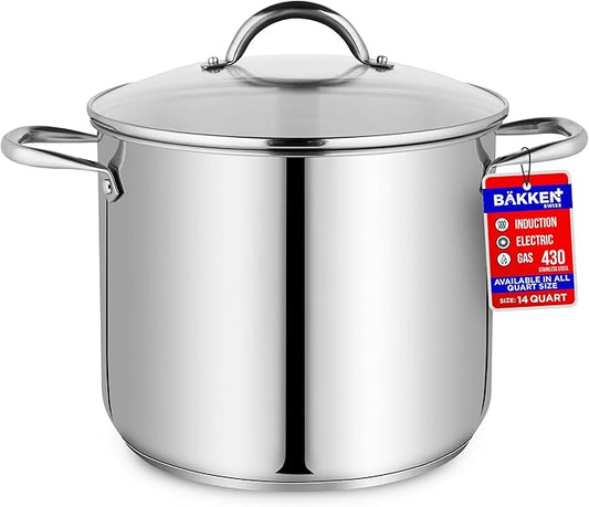 Stainless Steel Stockpot with Tempered Glass Lid 14 Quart, Durable 18/0 Stainless Steel, Impact-Bonded Base for Even Heating, Riveted Handles, Oven & All Stove Compatible, Safe Up To 500°F (260°C)