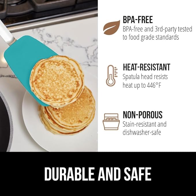 GORILLA GRIP Patented BPA-Free Non-Scratch Spatula, Heat Resistant Flexible Silicone Head for Nonstick Cooking Pans, Soft Rubber Handle, Kitchen Spatulas for Flipping Eggs, Pancakes, 11.6 in Turquoise