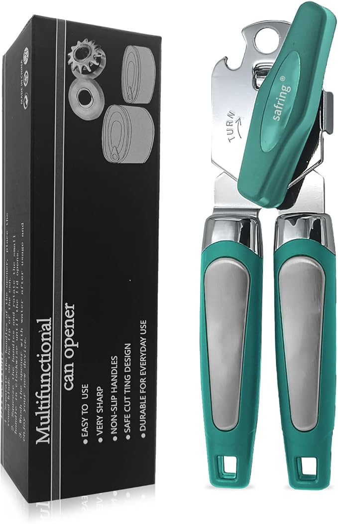 Can Opener Manual, Handheld Strong Heavy Duty Stainless Steel Can Opener, Comfortable Handle, Sharp Blade Smooth Edge, Can Openers with Multifunctional Bottle Opener, Aqua Sky