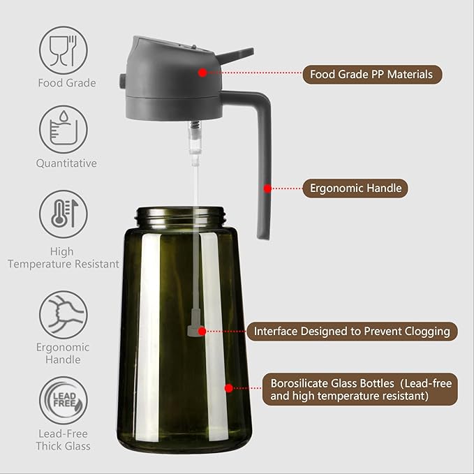 2PCS Olive Oil Dispenser and Oil Sprayer – 16oz/470ml Glass Light-Proof Oil Pourer for Kitchen, Air Fryer, Cooking, Salad, and BBQ