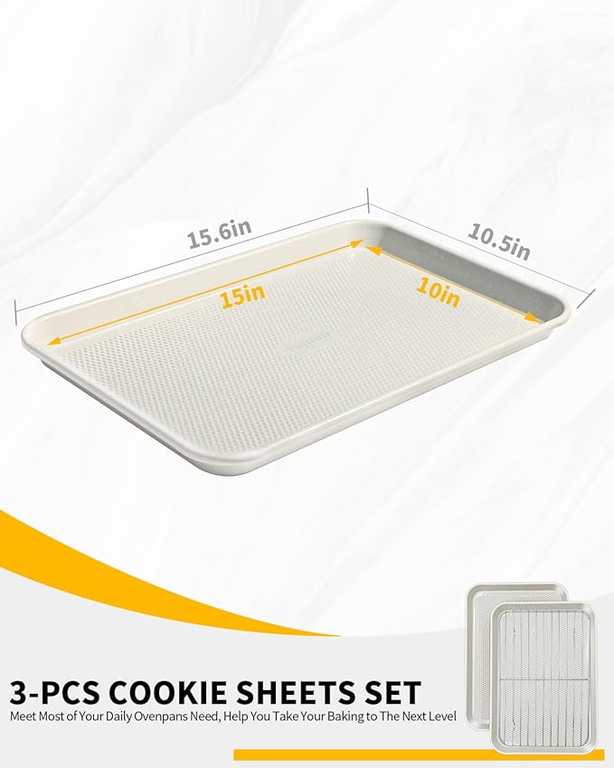 Nonstick Baking Sheet Pan Set (2 Cookie Sheets + 1 Cooling Rack), Jelly Roll Pan for Baking Roasting, Size 15 x 10 x 1 Inch, Warp-Free, Easy Clean, Dishwasher Safe