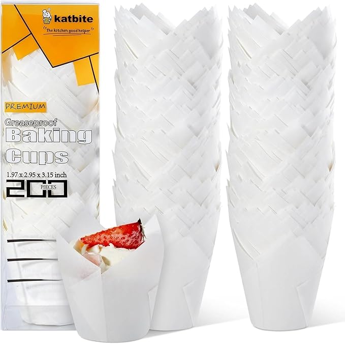 Katbite Tulip Cupcake Liners 200PCS, Muffin Baking Cupcake Liners Holders, Baking Cups, Cupcake Wrapper for Party, Wedding, Birthday(White)