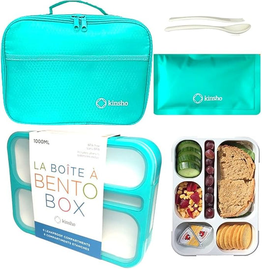 Bento Box Lunch-Box with Bag and Ice Pack, Insulated Lunch Bag and Snack Container Set for Kids Boys Girls Adults. 6 Compartments, Divided Portion Containers, Boxes for School Lunches, Teal
