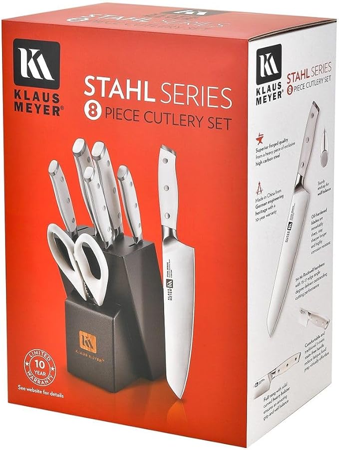 Klaus Meyer Stahl High Carbon Exclusive German Steel 8 Piece Knife Block Set (White)