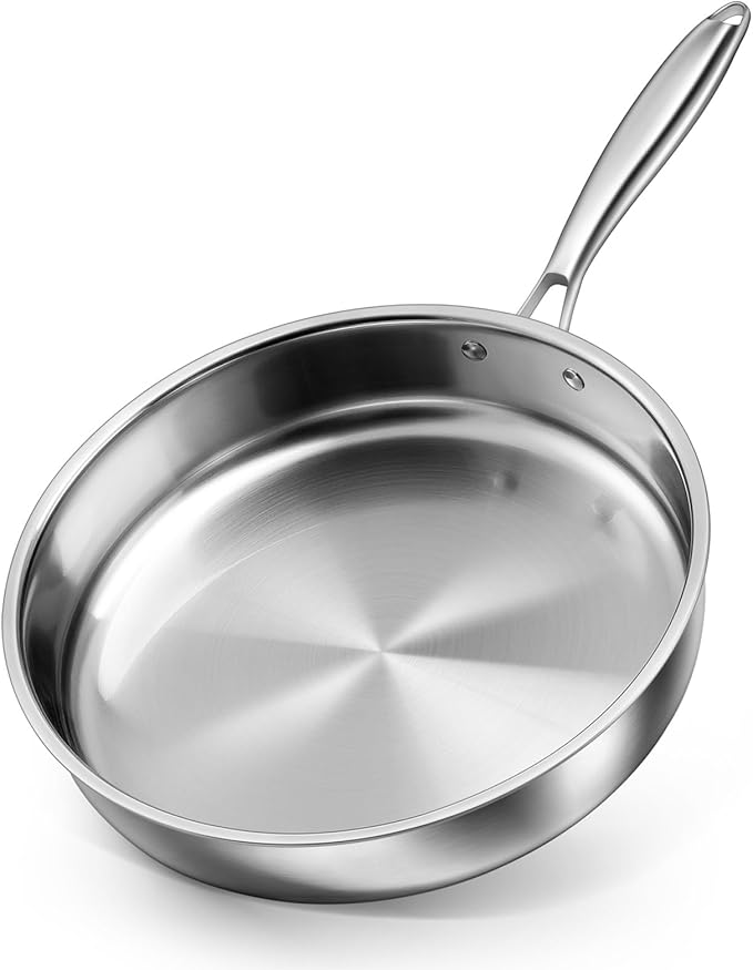 P&P CHEF 12 Inch Stainless Steel Frying Pan, 3-Ply Stainless Steel Pan Skillet, Induction Stir-fry Pan, Oven & All Stoves Safe, Heavy Duty & Even Heat, Dishwasher Safe, Silver, (1 Piece)