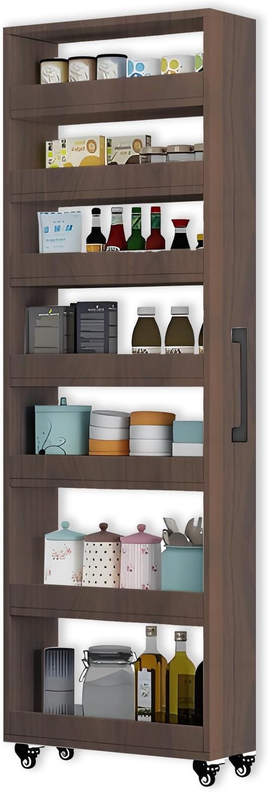 7-Tier Slim Storage Cart, Wooden Rolling Pantry Cabinet with Wheels, Narrow Shelf Organizer for Kitchen, Bakers Rack, Dining Room, Closet, Small Spaces Gray 47.2" H*7.8" W*23.6" D