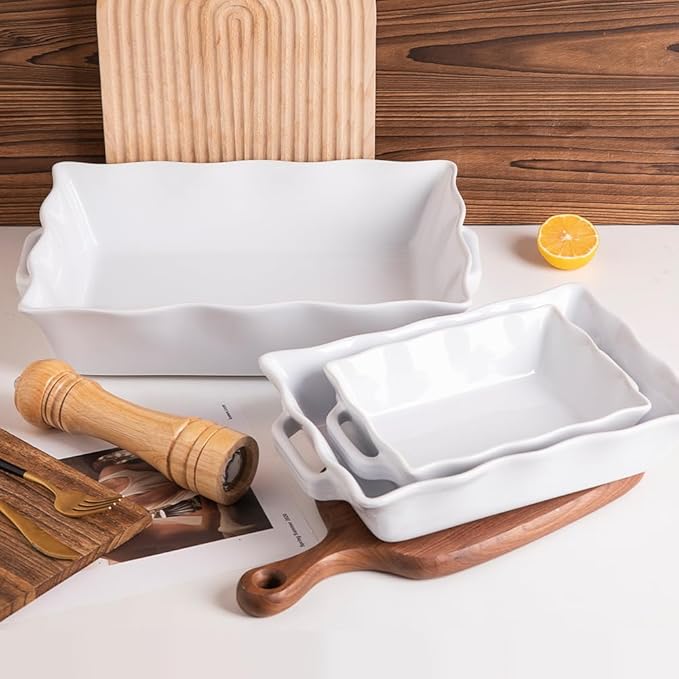 Sweejar Casserole Dishes for Oven, Ceramic Bakeware Set of 4, Rectangular Baking dish with Handles, Wave Edge Lasagna Pan Deep for Cooking, Cake, Dinner, Banquet and Daily Use (White)