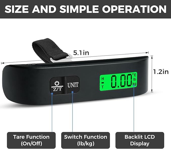 BAGAIL Digital Luggage Scale, 110lbs Hanging Baggage Scale with Backlit LCD Display, Portable Suitcase Weighing Scale, Travel Luggage Weight Scale with Hook, Strong Straps for Travelers