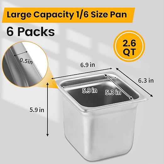 1/6 Hotel Pans 6 Inch Deep Stainless Steel Food Pan - Anti-Jam 6 Pack Steam Table Pan Set for Catering, Buffet Use, Kitchen Prep