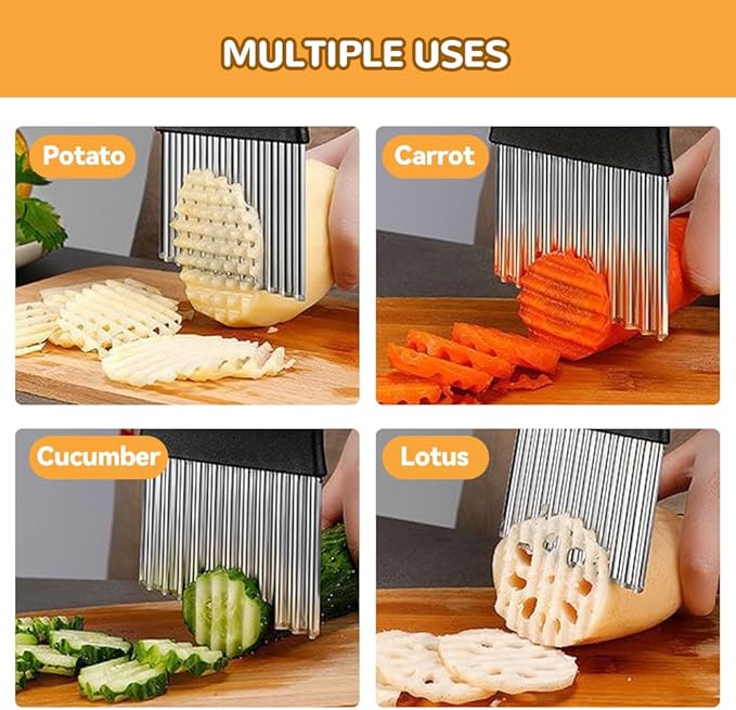 Large Crinkle Cutter, Stainless Steel Wavy Cutter with Non-Slip Handle, French Fry Cutter, Crinkle Potato Slicer, Chopping Tools for Potatoes Carrot Fruit Vegetable (C Set: 3 Pcs)