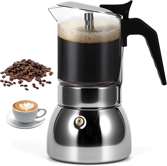 Stovetop Espresso Maker, 4Cup 200ML Stainless Steel Stovetop Italian Coffee Maker Transparent Glass Moka Pot, Coffee Maker Mocha Pot for Home Cafe Outdoor Office