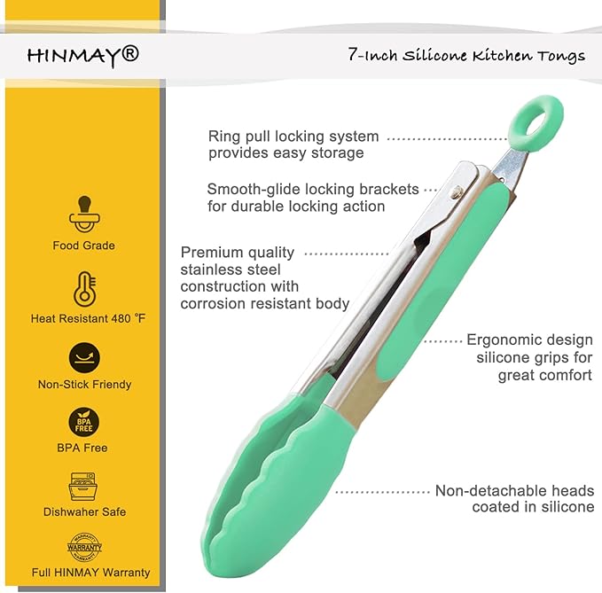 Mini Tongs with Silicone Tips 7 Inches Silicone Cooking Tongs, Set of 3 (Mint)