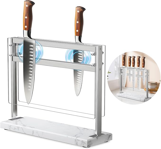 Acrylic Shield Magnetic Knife Block Holder - Marble Base Magnetic Knife Stand for Counter Top -Double Sided Magnetic Knife Holder -Stainless Steel Kitchen Knife Block without Knives -White