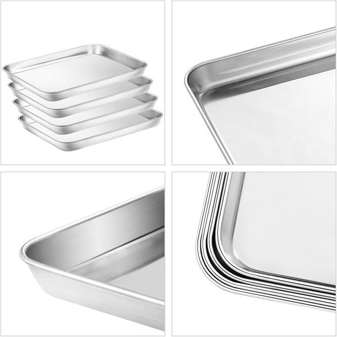 Baking & Cookie Sheets Set of 4, Yododo Stainless Steel Compact Toaster Oven Pan Tray Ovenware Professional, Size 10.23 x 8.26 x 1 inch, Heavy Duty, Deep Edge, Superior Mirror Finish, Dishwasher Safe