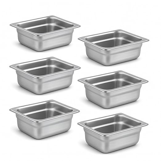 1/6 Hotel Pans 2.5 Inch Deep Stainless Steel Food Pan - Anti-Jam 6 Pack Steam Table Pan Set for Catering, Buffet Use, Kitchen Prep