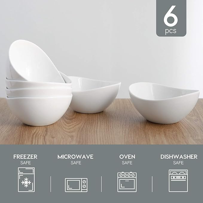 Porcelain Small Serving Bowls, 10 Ounce Dessert Bowls for Ice Cream Snacks Appetizer Candy Dishes, Dishwasher Safe Durable Ceramic White Bowl for Party, Set of 6