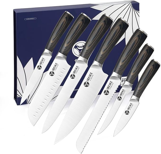 Chef Knife Set Professional - 7-Piece Kitchen knife Set without Block, High Carbon Stainless Steel Japanese-Style Kitchen knives, Full-Tang, Ergonomic Pakkawood Handle for Christmas