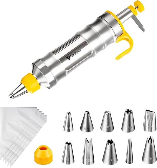 Dessert Decorating Syringe Set Icing Piping Kit Frosting Piping Kit Stainless Steels Cake Decorating Kit with 10 food grade stainless steel piping tips & 50 Disposable Piping Bags Yellow