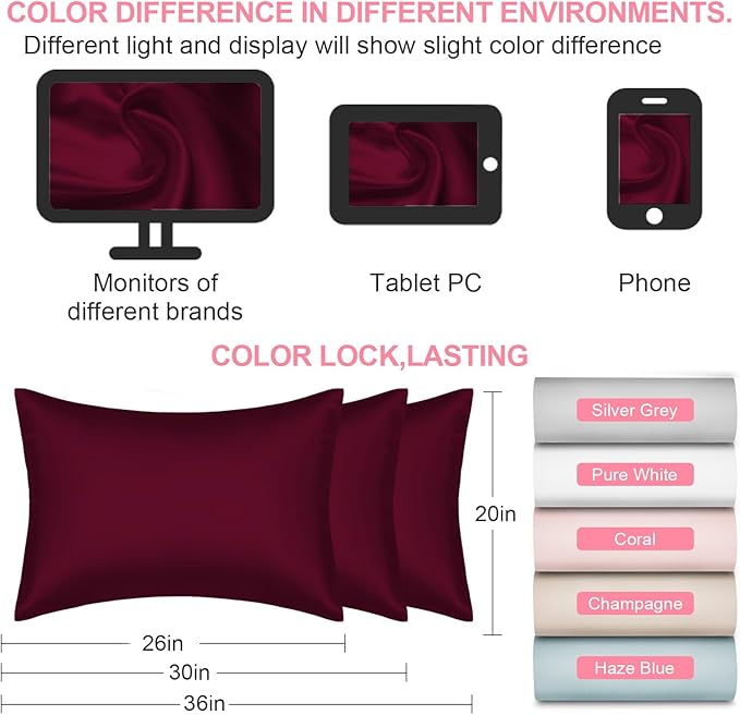 Mulberry Silk Pillow Cases Standard Size with Hidden Zipper, Ultra Smooth and Soft Breathable Cooling Silk Satin Pillowcase for Hair and Skin, Gifts for Women Men (Burgundy Red, 20x26 Inches, 1 Pack)