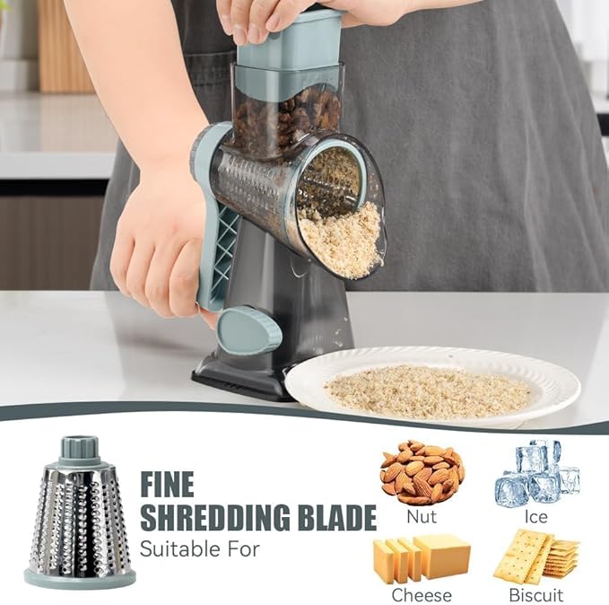 XUANYILA Rotary Cheese Cheese Grater Hand Crank Vegetable Cheese Grater for Kitchen 3 Changeable Blades for Cheese Potato Zucchini Nuts Chocolate - GreyBlue