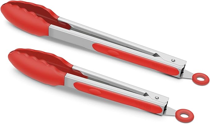Set of 2 Kitchen Tongs 9-Inch & 12-Inch, Premium Stainless Steel BPA Free Silicone Non-Stick Grilling Barbeque Cooking Locking Food Tongs, Red