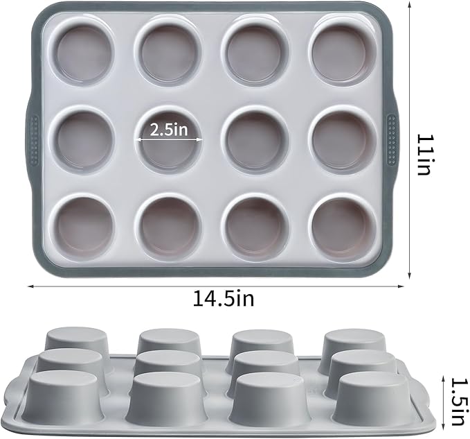 Aichoof Non-Stick Silicone Muffin Pan With Reinforced Stainless Steel Frame Inside,12 Cup Regular Muffin Baking Mold, 12 Cup Muffin Tin, BPA Free,Dishwasher Safe, Gray