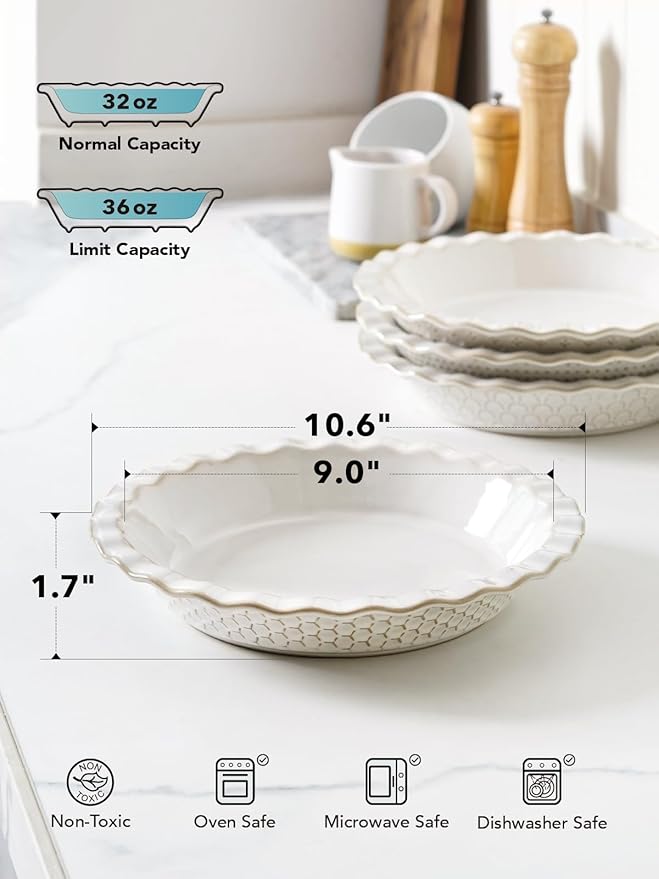 LE TAUCI Pie Pans for Baking 9 Inch, Ceramic Pie Plate for Apple Pie, Round Baking Dish Oven Safe, Embossment Housewarming Wedding Present - 36 OZ, Set of 1, Honey Comb, Arctic White