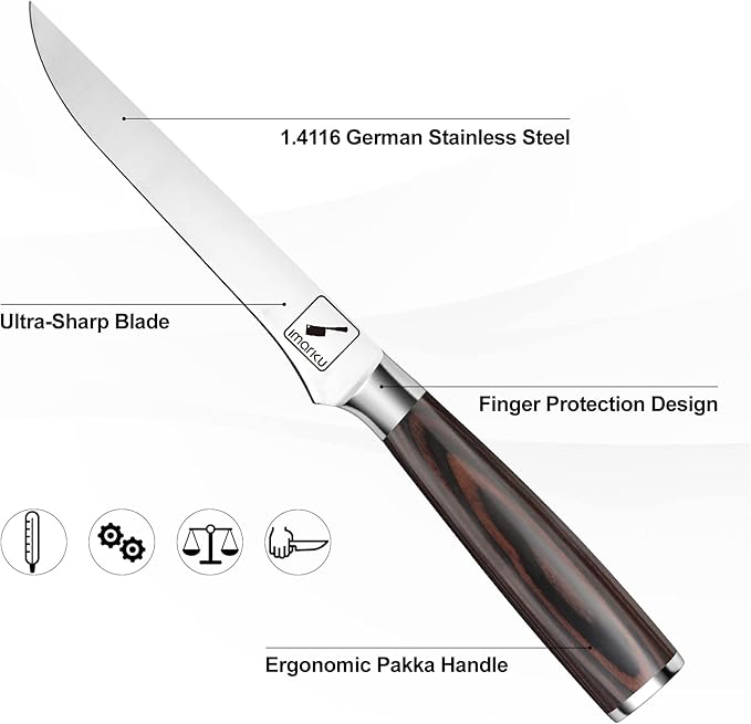 imarku Boning Knife, German High Carbon Stainless Steel Professional Grade Boning Fillet Knife, 6-Inch Deboning Knife, Pakkawood Handle for Meat and Poultry, Gifts for Men and Women
