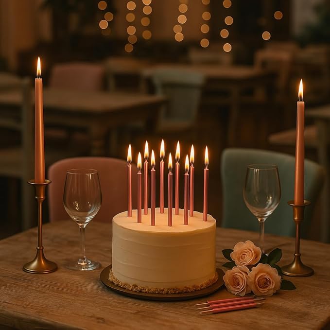 by Tugba Aydan - Pink Birthday Candles - 24 Count Long Thin Pink Birthday Candles for Cake, Metallic Cake Candle for Birthday, Party Candles