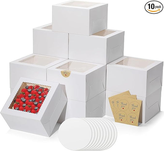 Small Cake Boxes 8 Inch with Window, 10 Set Bakery Boxes with Cake Boards & Stickers, Cupcake Box for Birthday, Party, Wedding, Mother's Day, Valentine's Day, Christmas（8x8x5 inch）