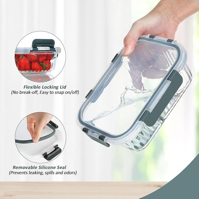 KOMUEE 10 Packs Glass Meal Prep Containers with Lids, Glass Food Storage Containers Set, Airtight Lunch Containers, Microwave, Oven, Freezer and Dishwasher Safe, Gray