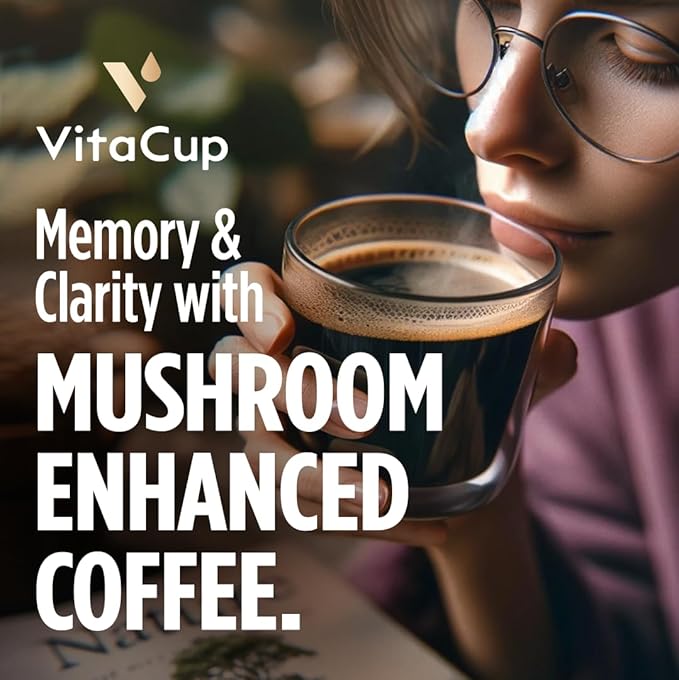 VitaCup Focus Mushroom Coffee Instant Packets, for Memory & Clarity Support, w/Fiber, Chaga, Lion’s Mane, D3, B Vitamins, Medium Roast, 100% Arabica & Robusta Coffee in Single Serve Sticks, 72 Ct