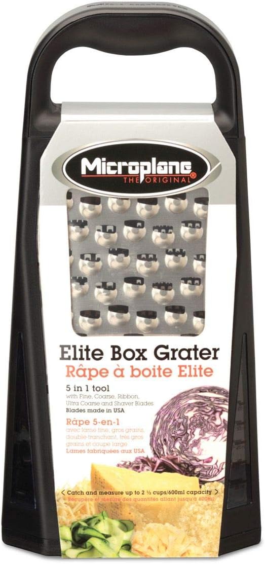 Microplane Elite Five Blade Box Grater with Measuring Cup Base, Five Grating Surfaces Including Fine, Coarse, Double-Sided Ribbon, Ultra-Coarse, and Slicer - Black