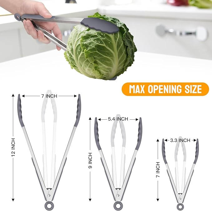 HOTEC Premium Stainless Steel Locking Kitchen Tongs with Silicon Tips, Set of 3-7", 9" and 12" (Grey)