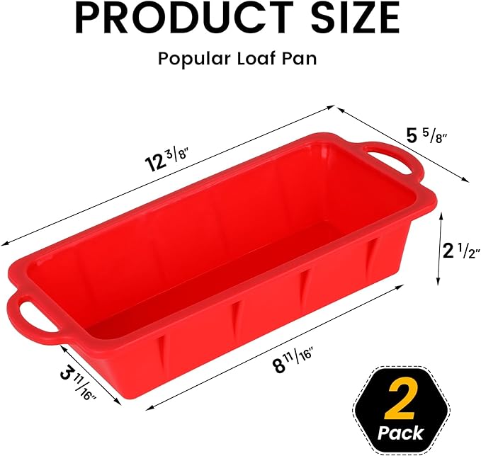 Vinino 2 Pack Silicone Bread Loaf Pan with Metal Reinforced Frame, 9.5 x 5 in Non-stick Silicone 1 lb Loaf Pan for Baking, Durable Bread Pan for Oven Dishwasher Safe - Red