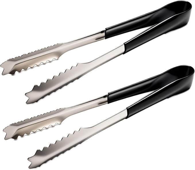 2 Pcs Stainless Steel Ice Tongs,6Inch Heat-Resistant Food Tongs with Black Silicone Handles - Ideal for Ice Cubes, Fruits, Milk Tea, Sugar Cubes, Home Kitchen Use