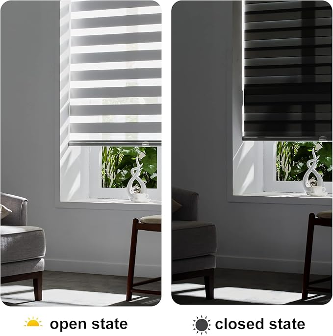 Persilux Cordless Zebra Blinds for Windows Free-Stop Window Blinds (35" W X 47" H, Grey) Dual Layer Light Control for Day and Night, Light Filtering Sheer Shades for Home, Easy to Install