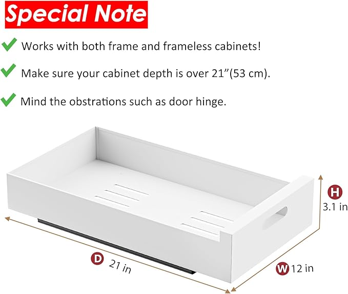 HBL' 1 Pack | 21" Deep Pull Out Cabinet Organizer Adhesive, 12-Inch Wide Sturdy Carbon Steel Roll-Out Drawers for Face Frame or Frameless Cabinets,Slide-Out Shelves for Pantry.