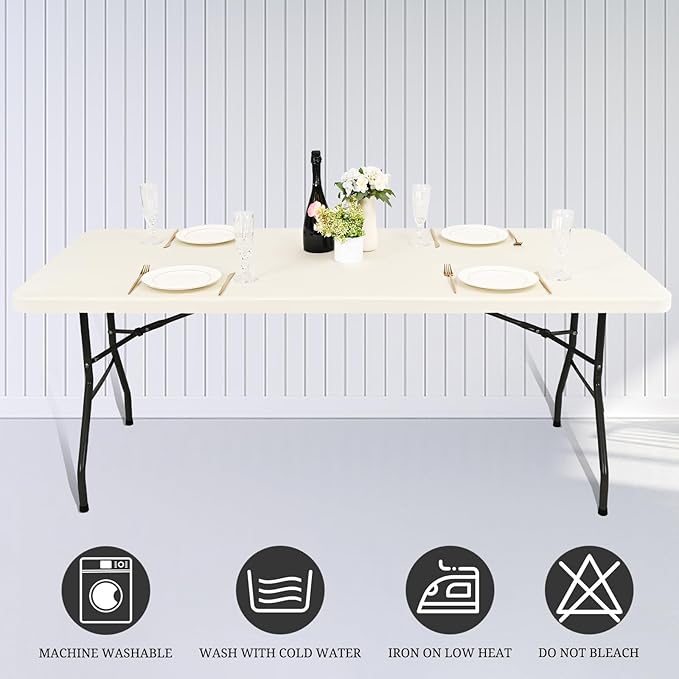 10 Pack Fitted Tablecloth for 8 Foot Rectangle Tables, Ivory Elastic Outdoor Picnic Table Cover, Washable Stretch Folding Table Cloths 8 ft for Camping Party Patio Kitchen Banquet, 30" W x 96" L