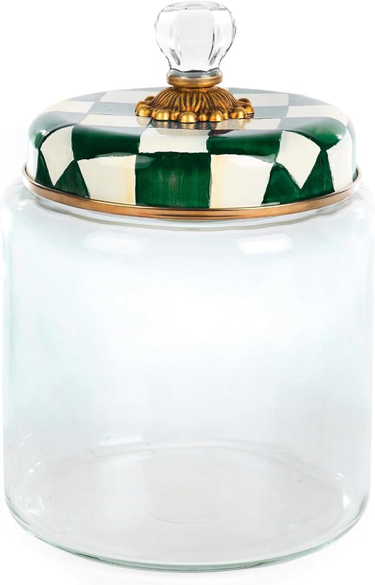 MACKENZIE-CHILDS Large Kitchen Canister, Decorative Glass Storage Jar with Lid, Green-and-White Emerald Check