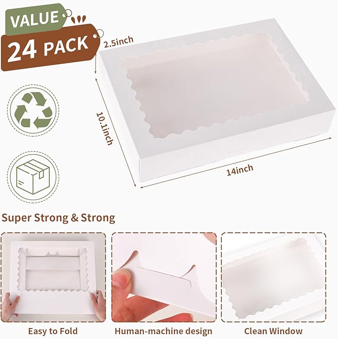 24pcs Cookie Boxes,14x10x2.5 Inch Large Bakery Boxes with Window for Pies Chocolate Strawberries Muffins Donuts Pastry Dessert Christmas(White) (White, 14 * 10 * 2.5inch/24pcs)