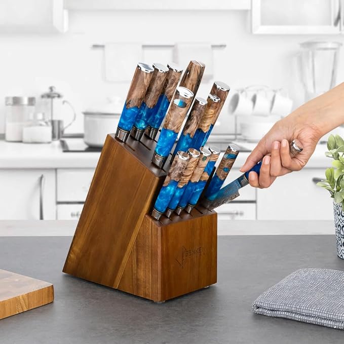 SENKEN 15-Piece Damascus Knife Block Set - "Tsunami" Collection Japanese Chef Knife Set - 67-Layer Japanese VG10 Steel Blades, Includes Chef Knife, Cleaver, 6 Steak Knives (15-Piece Knife Block Set)