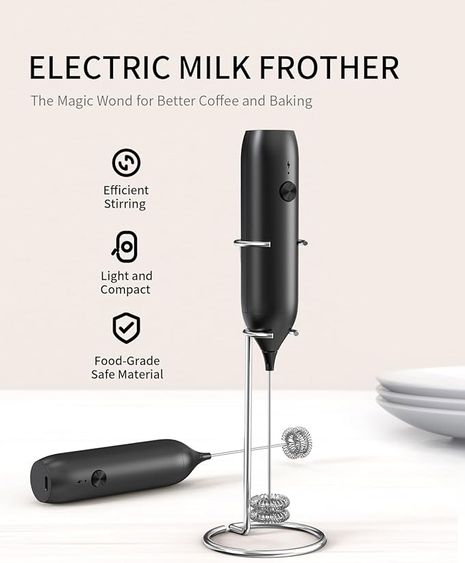 CIRCLE JOY Rechargeable Milk Frother Handheld with Stand, Coffee Frother Wand Drink Mixer with Dual Spring Whisk for Coffee, Cappuccino, Lattes, Frappe, Matcha and Hot Chocolate, Black