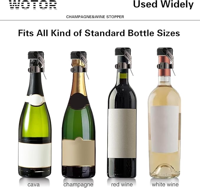 WOTOR Champagne&Wine Bottle Stoppers Stainless Steel with Food Grade Silicone, Leak Proof Keep Fresh Reusable Saver, Cork Suitable for Wine, Champagne, Cava, Prosecco and Sparkling (8 Pack Black）