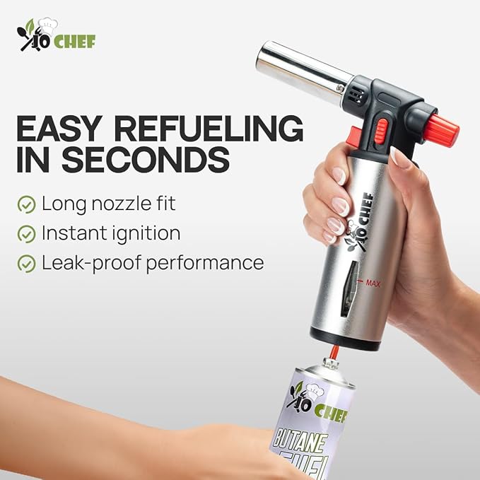 Jo Chef Kitchen Torch with Butane Included – Refillable Lighter with Safety Lock & Adjustable Flame, Blow Culinary Torch for Cooking, BBQ, Creme Brulee, DIY and Soldering - 5 Cans (3.38oz) Included