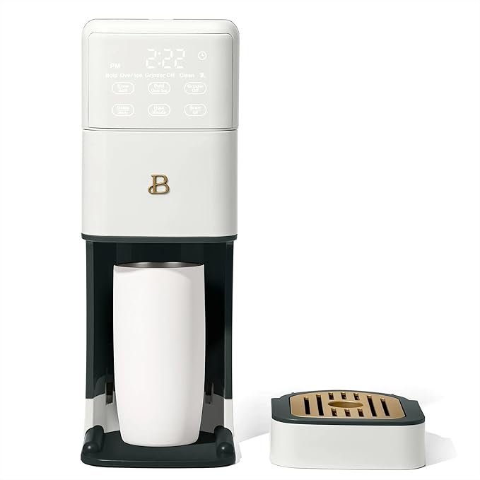 Beautiful Perfect Grind Programmable Single Serve Coffee Maker with Touch Display and Integrated Burr Grinder, Auto Coffee Strength Selection, 64oz Water Reservoir (White Icing)