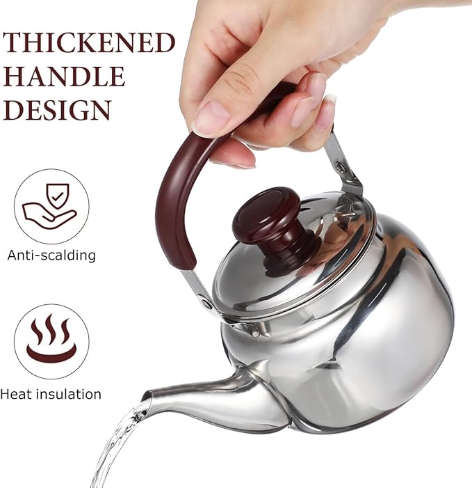 LIFKOME Traditional Stainless Steel Heavy Duty Tea Kettle With Sandwich Bottom and Specialty Cool Touch Handling Mirror Finish Stainless Steel Whistling Tea Kettle Stove Top