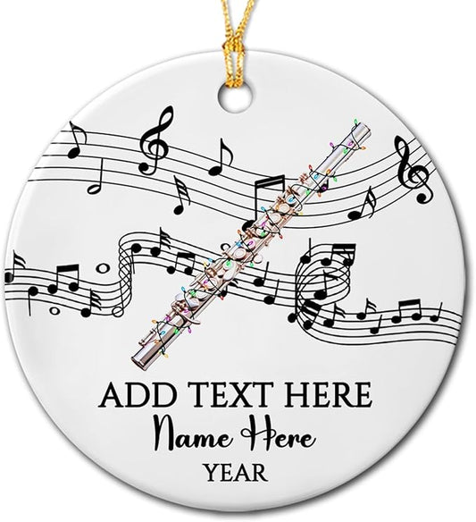 Customized Text/Year/Name Flute Player Ceramic Ornament, Personalized Xmas Ornaments Gift for Flautist Instrument Lover Brother Sister Dad Mom Daughter Son, Unique Flute Musical Ceramic Ornament