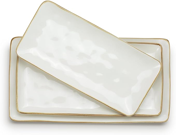 famiware Serving Platter, Rectangular 15.67/14.1/12.6inch Serving Dishes for Entertaining, Microwave Dishwasher Safe, Stoneware Serving Trays for Party, Turkey, Cheese, Ocean Series, Vanilla White